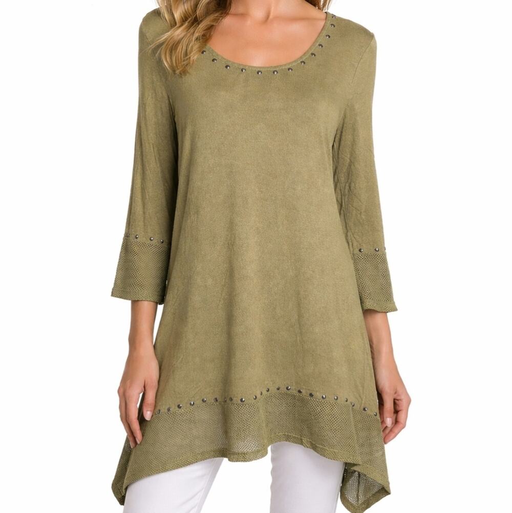 Essentials by Milano Studded Mesh Asymmetrical Tunic Top Large Olive Lagenlook